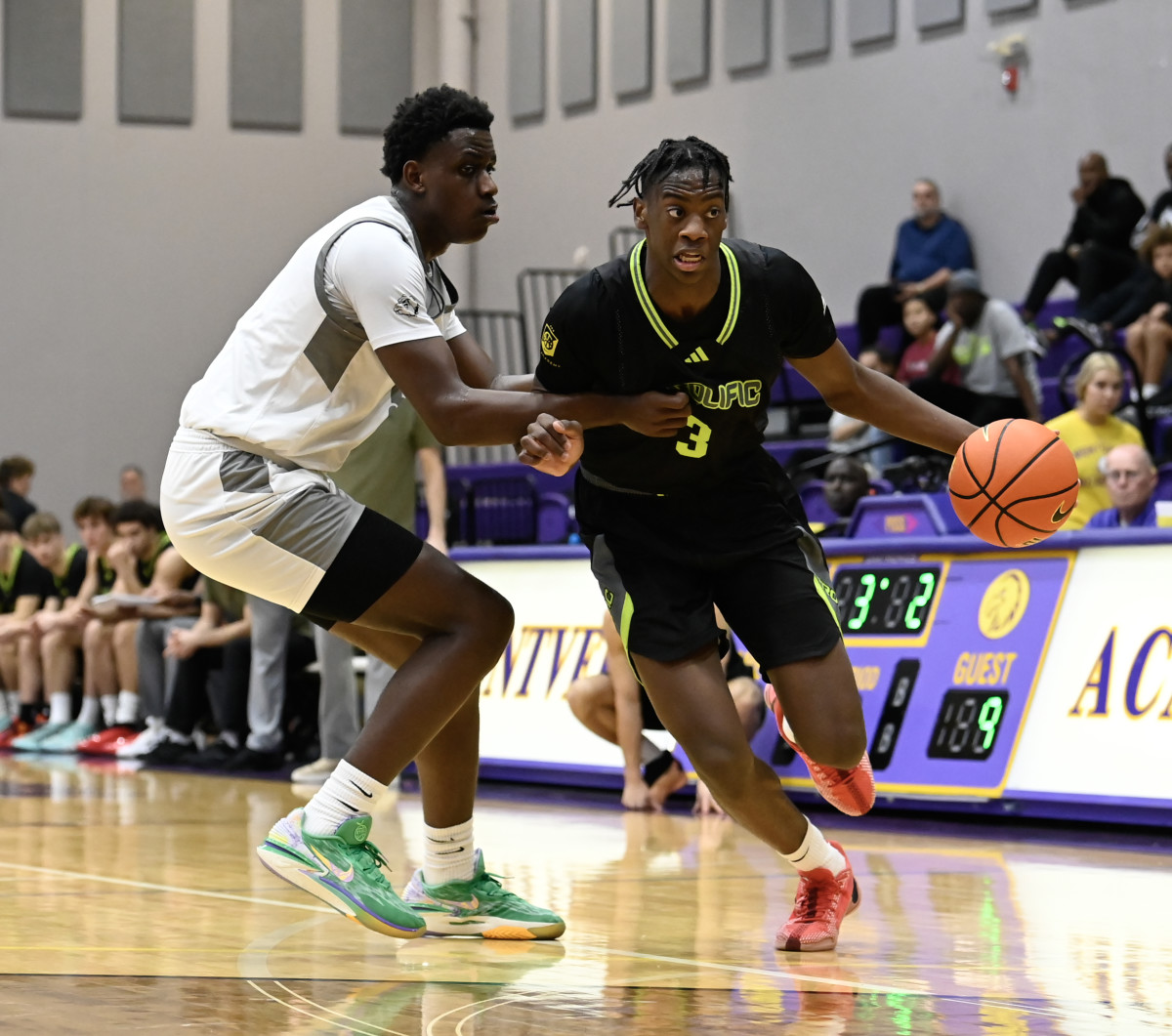 Prolific Prep junior AJ Dybantsa drives with the ball in a win over Riviera Prep (Florida) at the MAIT on Jan. 25, 2024.
